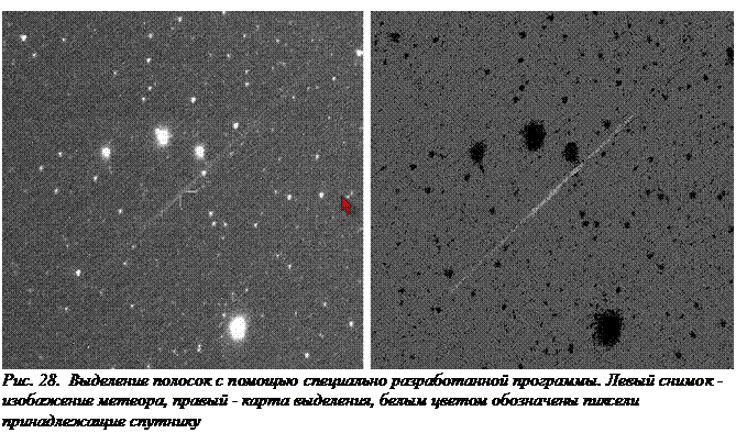 Подпись:  Рис. 28.  Выделение полосок с помощью специально разработанной программы. Левый снимок - изобажение метеора, правый - карта выделения, белым цветом обозначены пиксели принадлежащие спутнику 